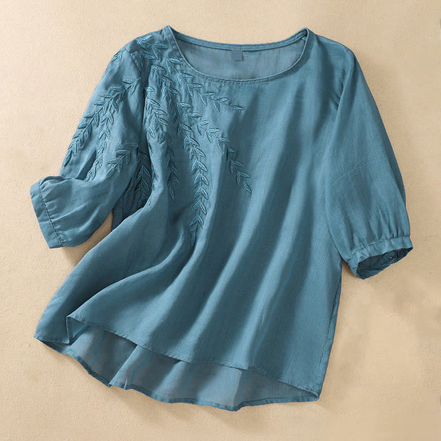 Buddha Stones Embroidery Leaves Women's Cotton Linen Half Sleeve T-shirt - SteelBlue - US8-10，UK/AU12-14，EU40-42 (2XL) - image 31