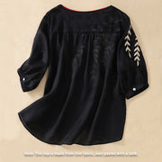 Buddha Stones Embroidery Leaves Women's Cotton Linen Half Sleeve T-shirt - image 24