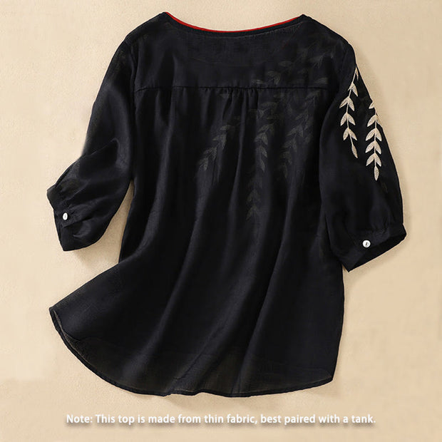 Buddha Stones Embroidery Leaves Women's Cotton Linen Half Sleeve T-shirt - image 24
