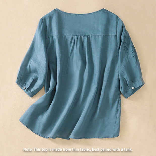 Buddha Stones Embroidery Leaves Women's Cotton Linen Half Sleeve T-shirt - image 32
