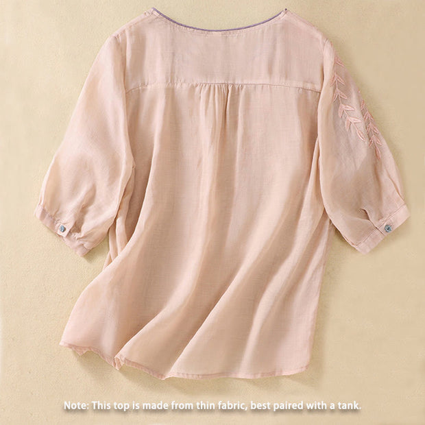 Buddha Stones Embroidery Leaves Women's Cotton Linen Half Sleeve T-shirt - image 13
