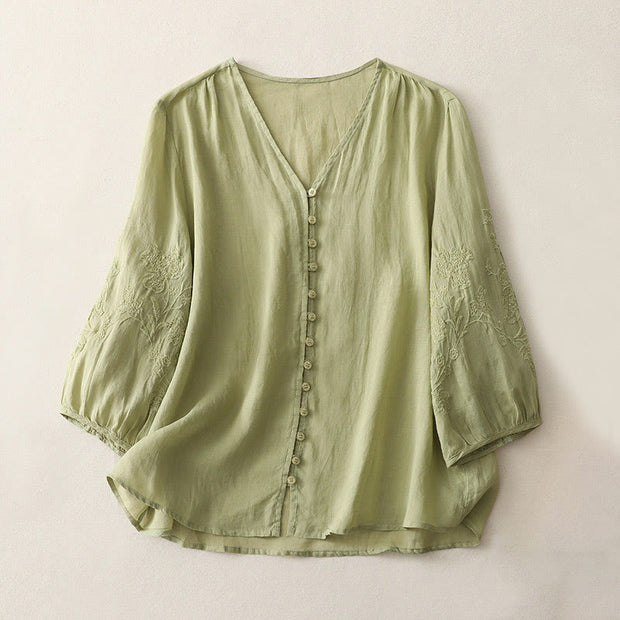 Buddha Stones Embroidery Button-down Women's Cotton Linen Shirt - YellowGreen - US8-10，UK/AU12-14，EU40-42 (2XL) - image 1