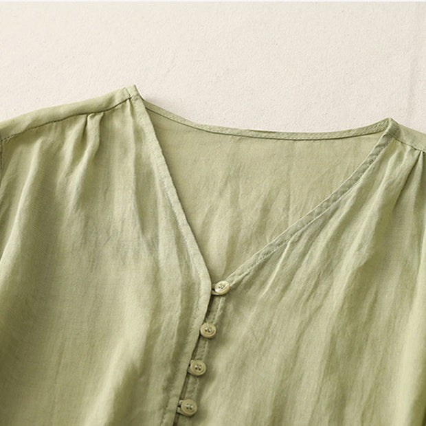 Buddha Stones Embroidery Button-down Women's Cotton Linen Shirt - image 3