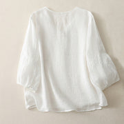 Buddha Stones Embroidery Button-down Women's Cotton Linen Shirt - image 10