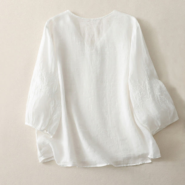 Buddha Stones Embroidery Button-down Women's Cotton Linen Shirt - image 10