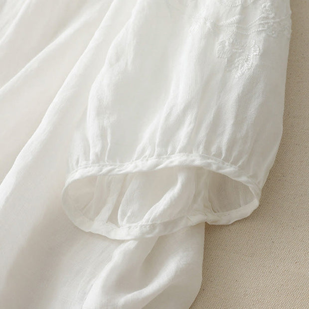 Buddha Stones Embroidery Button-down Women's Cotton Linen Shirt - image 11