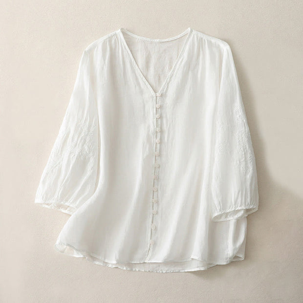 Buddha Stones Embroidery Button-down Women's Cotton Linen Shirt - White - US8-10，UK/AU12-14，EU40-42 (2XL) - image 7
