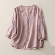 Buddha Stones Embroidery Button-down Women's Cotton Linen Shirt - Plum - US8-10，UK/AU12-14，EU40-42 (2XL) - image 17