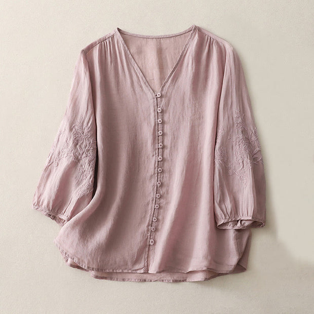 Buddha Stones Embroidery Button-down Women's Cotton Linen Shirt - Plum - US8-10，UK/AU12-14，EU40-42 (2XL) - image 17