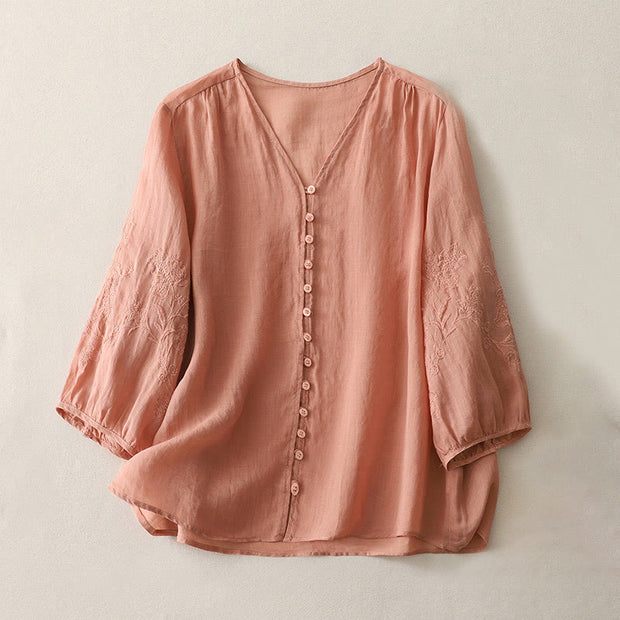 Buddha Stones Embroidery Button-down Women's Cotton Linen Shirt - LightSalmon - US8-10，UK/AU12-14，EU40-42 (2XL) - image 23
