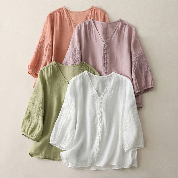 Buddha Stones Embroidery Button-down Women's Cotton Linen Shirt - image 29