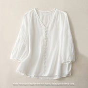 Buddha Stones Embroidery Button-down Women's Cotton Linen Shirt - image 8