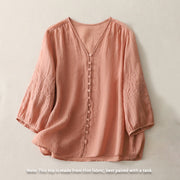 Buddha Stones Embroidery Button-down Women's Cotton Linen Shirt - image 24