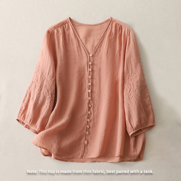 Buddha Stones Embroidery Button-down Women's Cotton Linen Shirt - image 24