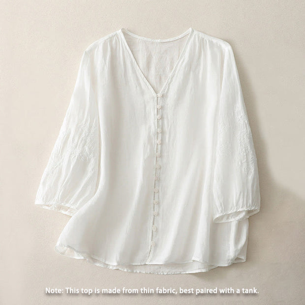 Buddha Stones Embroidery Button-down Women's Cotton Linen Shirt - image 8