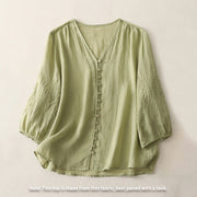 Buddha Stones Embroidery Button-down Women's Cotton Linen Shirt - image 2