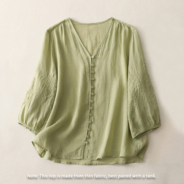 Buddha Stones Embroidery Button-down Women's Cotton Linen Shirt - image 2