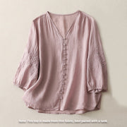 Buddha Stones Embroidery Button-down Women's Cotton Linen Shirt - image 18