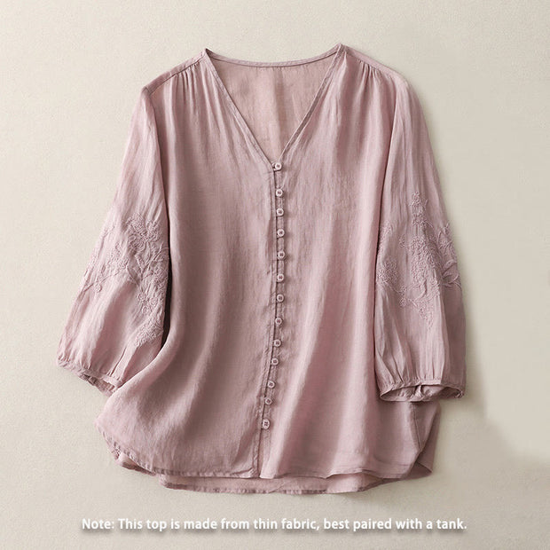Buddha Stones Embroidery Button-down Women's Cotton Linen Shirt - image 18