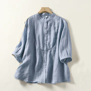 Buddha Stones Plain Single Breasted Women's Cotton Linen Shirt - SteelBlue - US14，UK/AU18，EU46 (3XL) - image 1
