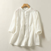 Buddha Stones Plain Single Breasted Women's Cotton Linen Shirt - OldLace - US14，UK/AU18，EU46 (3XL) - image 3