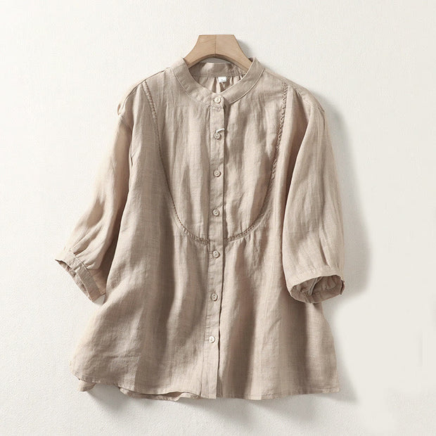 Buddha Stones Plain Single Breasted Women's Cotton Linen Shirt - Tan - US14，UK/AU18，EU46 (3XL) - image 16