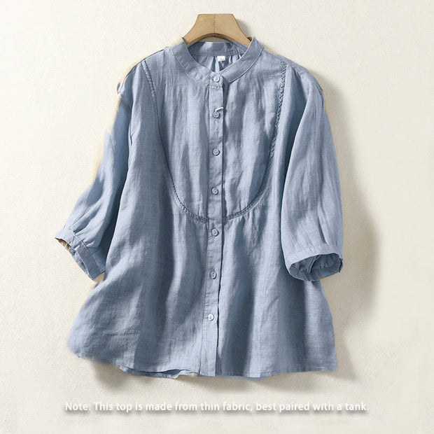 Buddha Stones Plain Single Breasted Women's Cotton Linen Shirt - image 2