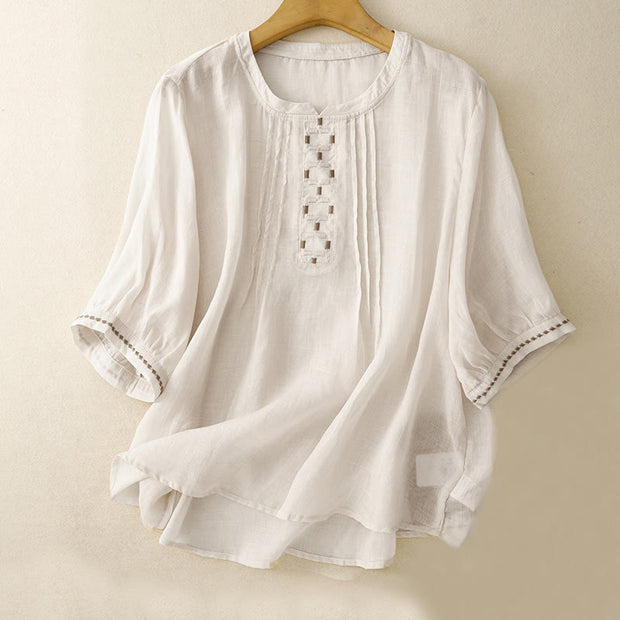 Buddha Stones Embroidery Crew Neck Pleats Women's Cotton Linen Half Sleeve T-shirt - Beige - US14，UK/AU18，EU46 (2XL) - image 1