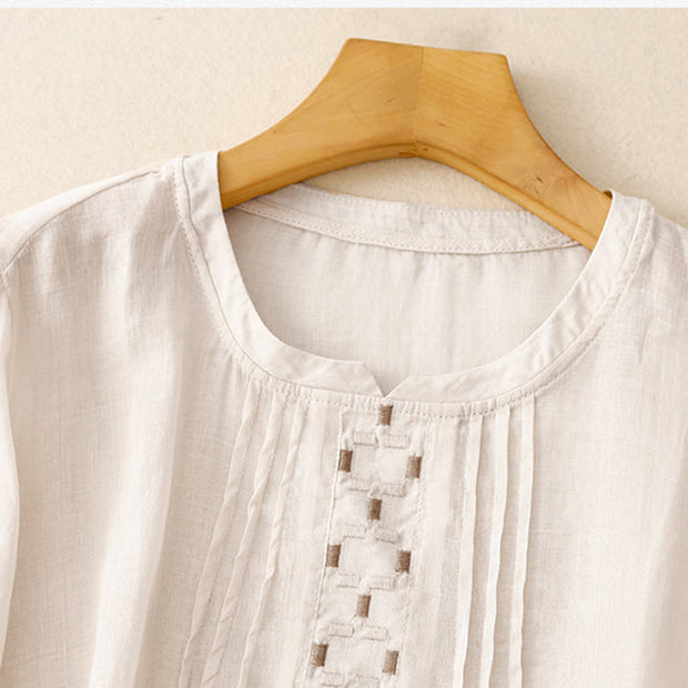 Buddha Stones Embroidery Crew Neck Pleats Women's Cotton Linen Half Sleeve T-shirt - image 3