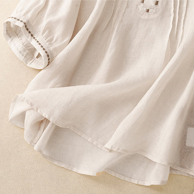 Buddha Stones Embroidery Crew Neck Pleats Women's Cotton Linen Half Sleeve T-shirt - image 11