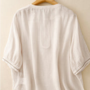 Buddha Stones Embroidery Crew Neck Pleats Women's Cotton Linen Half Sleeve T-shirt - image 4