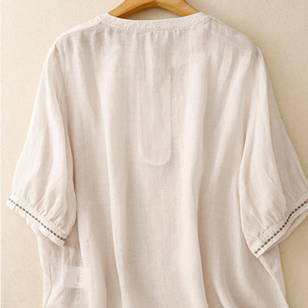 Buddha Stones Embroidery Crew Neck Pleats Women's Cotton Linen Half Sleeve T-shirt - image 4