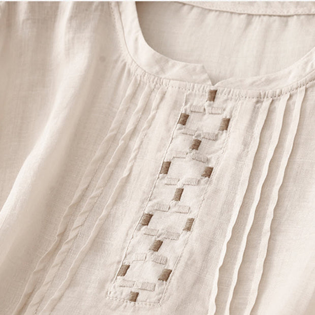 Buddha Stones Embroidery Crew Neck Pleats Women's Cotton Linen Half Sleeve T-shirt - image 10