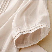 Buddha Stones Embroidery Crew Neck Pleats Women's Cotton Linen Half Sleeve T-shirt - image 8