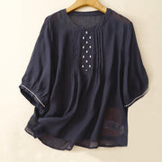 Buddha Stones Embroidery Crew Neck Pleats Women's Cotton Linen Half Sleeve T-shirt - MidnightBlue - US14，UK/AU18，EU46 (2XL) - image 12