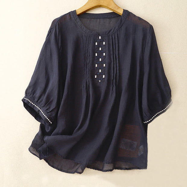 Buddha Stones Embroidery Crew Neck Pleats Women's Cotton Linen Half Sleeve T-shirt - MidnightBlue - US14，UK/AU18，EU46 (2XL) - image 12