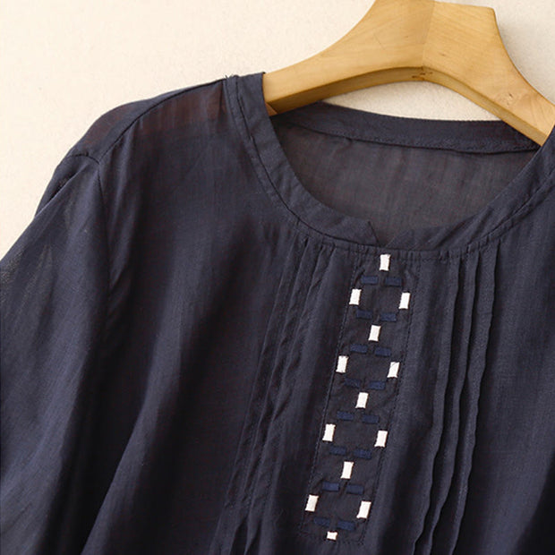 Buddha Stones Embroidery Crew Neck Pleats Women's Cotton Linen Half Sleeve T-shirt - image 17