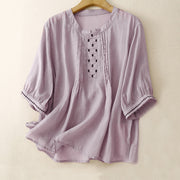 Buddha Stones Embroidery Crew Neck Pleats Women's Cotton Linen Half Sleeve T-shirt - Plum - US14，UK/AU18，EU46 (2XL) - image 19
