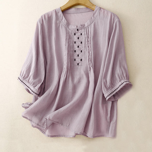 Buddha Stones Embroidery Crew Neck Pleats Women's Cotton Linen Half Sleeve T-shirt - Plum - US14，UK/AU18，EU46 (2XL) - image 19