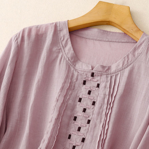 Buddha Stones Embroidery Crew Neck Pleats Women's Cotton Linen Half Sleeve T-shirt - image 25