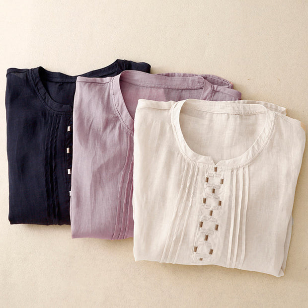 Buddha Stones Embroidery Crew Neck Pleats Women's Cotton Linen Half Sleeve T-shirt - image 26