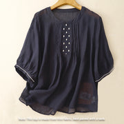 Buddha Stones Embroidery Crew Neck Pleats Women's Cotton Linen Half Sleeve T-shirt - image 13