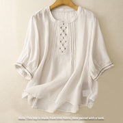 Buddha Stones Embroidery Crew Neck Pleats Women's Cotton Linen Half Sleeve T-shirt - image 2