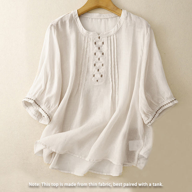 Buddha Stones Embroidery Crew Neck Pleats Women's Cotton Linen Half Sleeve T-shirt - image 2