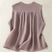 Buddha Stones Casual Sleeveless Pleated Design Women's Cotton Linen Half Sleeve Shirt - image 2