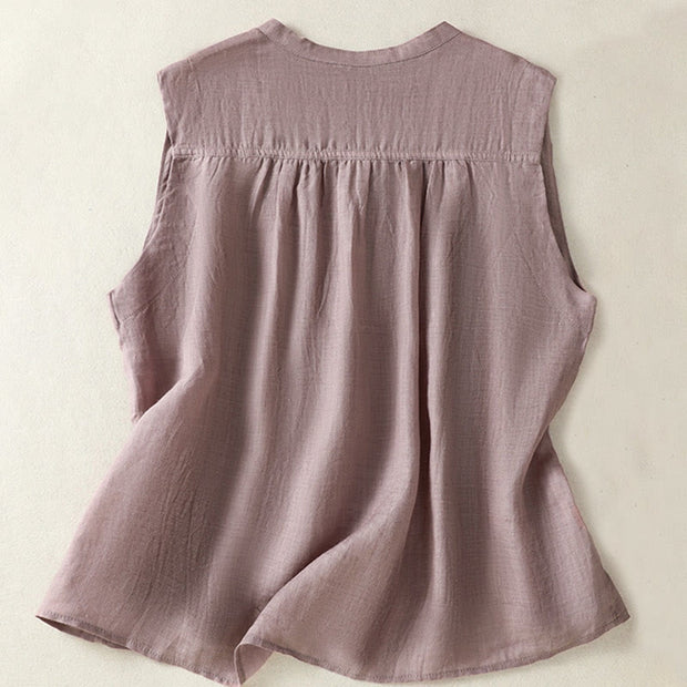 Buddha Stones Casual Sleeveless Pleated Design Women's Cotton Linen Half Sleeve Shirt - image 2