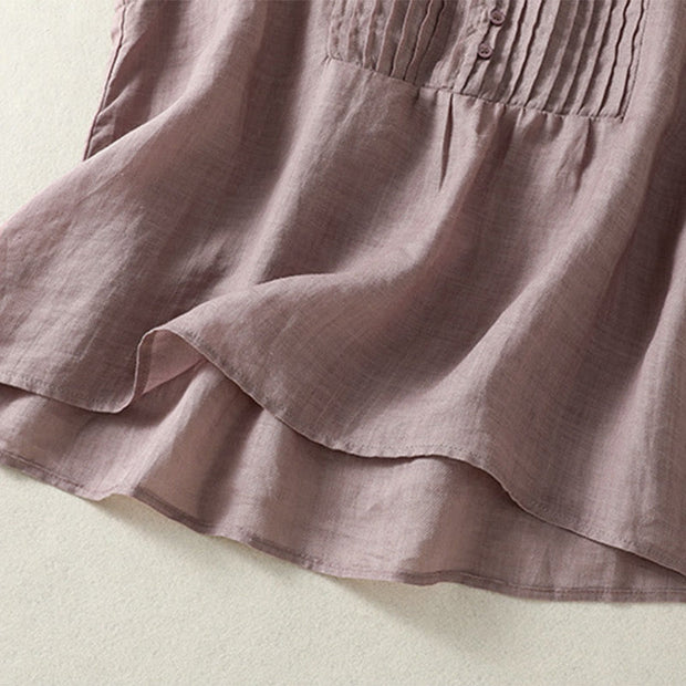 Buddha Stones Casual Sleeveless Pleated Design Women's Cotton Linen Half Sleeve Shirt - image 3