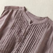 Buddha Stones Casual Sleeveless Pleated Design Women's Cotton Linen Half Sleeve Shirt - image 4