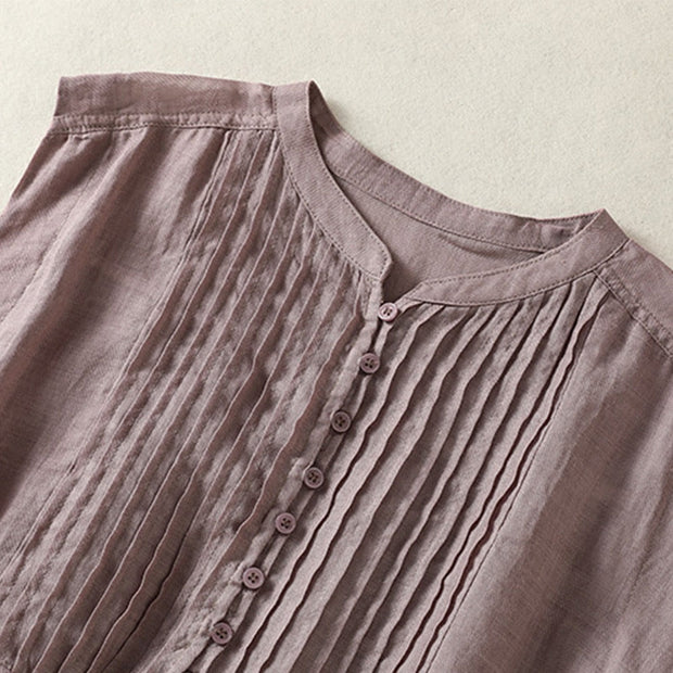 Buddha Stones Casual Sleeveless Pleated Design Women's Cotton Linen Half Sleeve Shirt - image 4