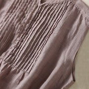 Buddha Stones Casual Sleeveless Pleated Design Women's Cotton Linen Half Sleeve Shirt - image 9